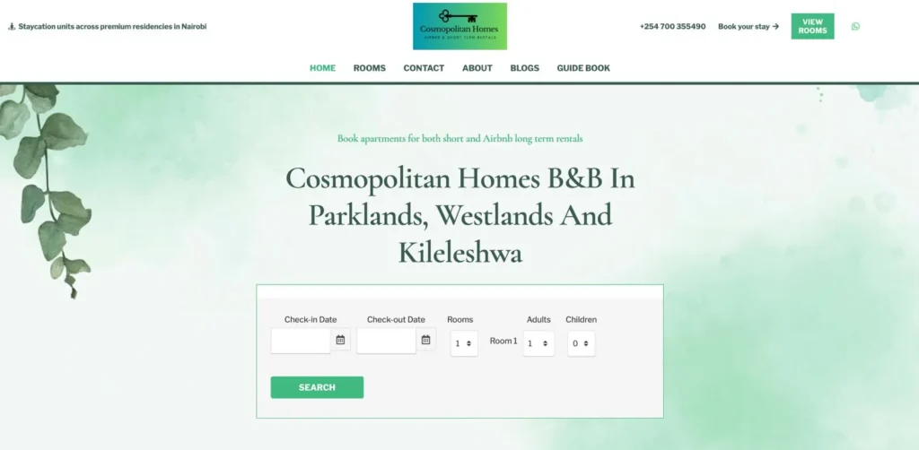 Cosmopolitan Ltd B&B website showcasing clean, safe budget accommodation in Westlands and Parklands Nairobi