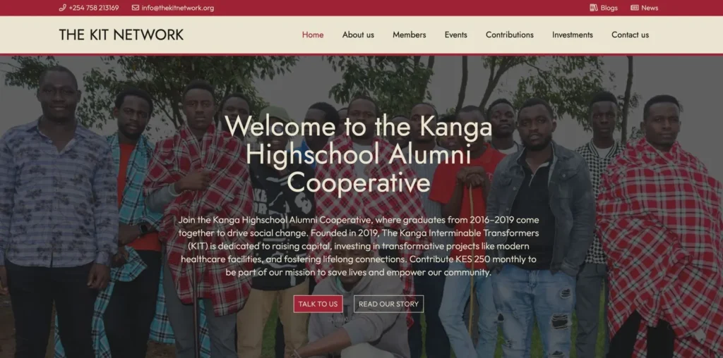 KIT Network website showing Kanga High School alumni engaged in community transformation projects and cooperative initiatives