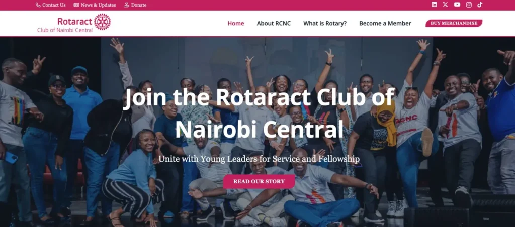 Rotaract Club of Nairobi Central website showing young professionals engaged in community service projects and leadership development