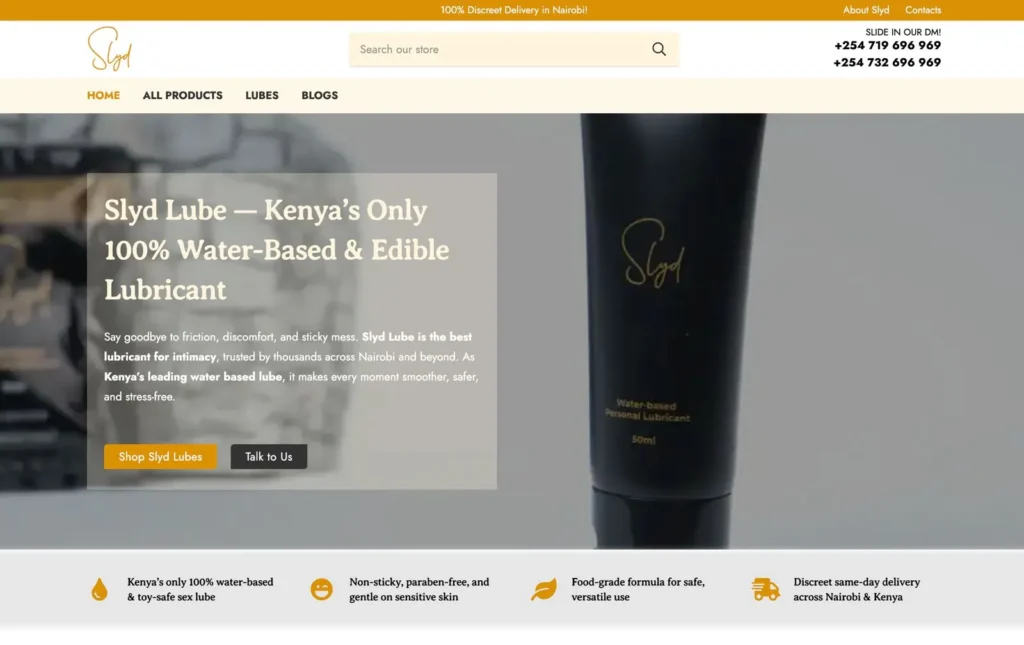 Slyd Lube professional e-commerce website for premium intimate wellness products with discreet ordering system