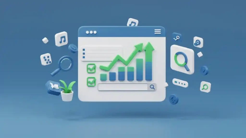 WordPress SEO dashboard interface showing optimization tools, analytics metrics, and Google search ranking indicators with green checkmarks