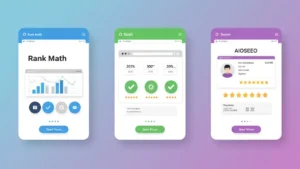 Side-by-side comparison of WordPress SEO plugins including Rank Math, Yoast SEO, and All in One SEO with feature highlights