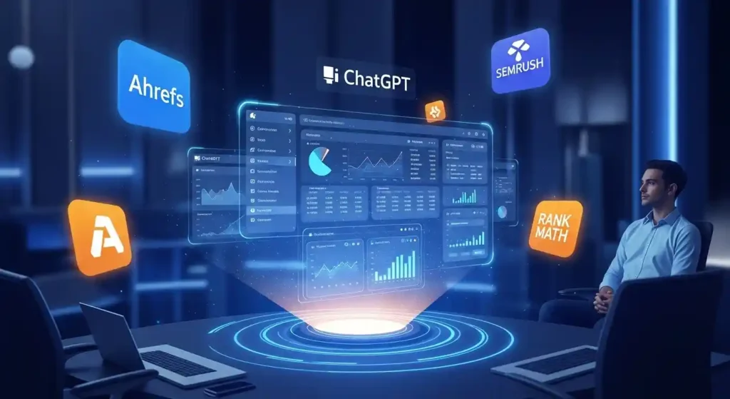Digital illustration of ChatGPT as an AI assistant analyzing SEO data with holographic dashboards, surrounded by icons of SEO tools and human collaborators, symbolizing the fusion of creativity and analytics.