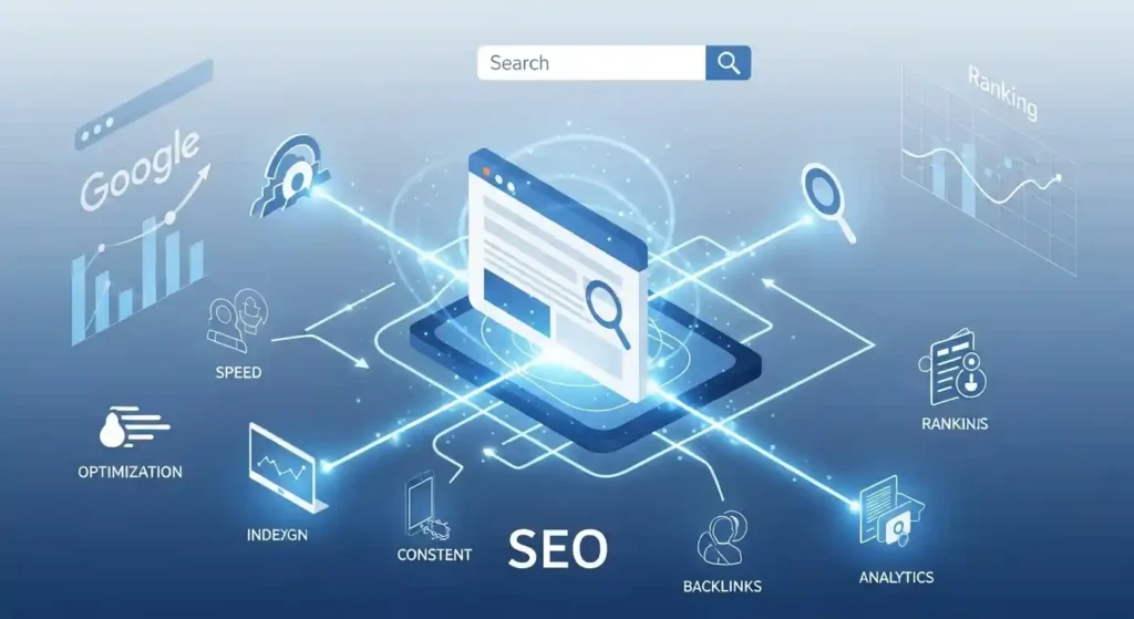 Futuristic visual diagram showing how seo works — with bots crawling websites, indexing content, optimizing structure, and tracking user behavior — symbolizing ranking and visibility in search engines.