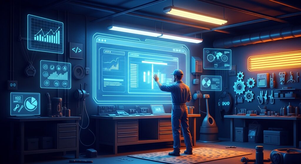 Digital toolbox filled with seo tools like analytics, keyword, and audit icons representing website optimization and performance improvement.