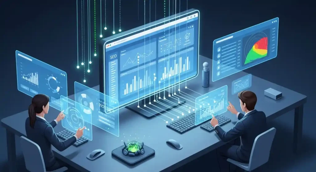Digital illustration of marketers using data analytics dashboards with charts, traffic graphs, and keyword reports to refine SEO strategies and measure growth.