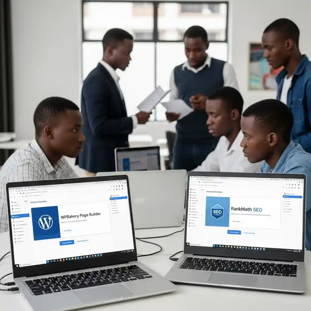 Trainees at KaziBora learning to build secure, optimized WordPress websites using professional tools like WPBakery, RankMath, and Wordfence.