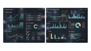 Side-by-side website performance dashboards showing GA4 and Search Console data visualizations.