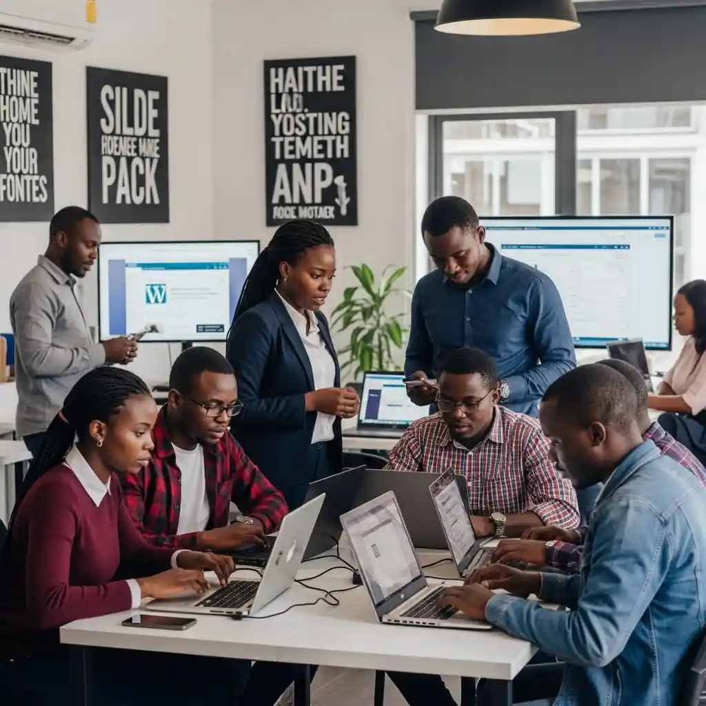 Young professionals in Nairobi learning WordPress web development during a hands-on KaziBora training session.