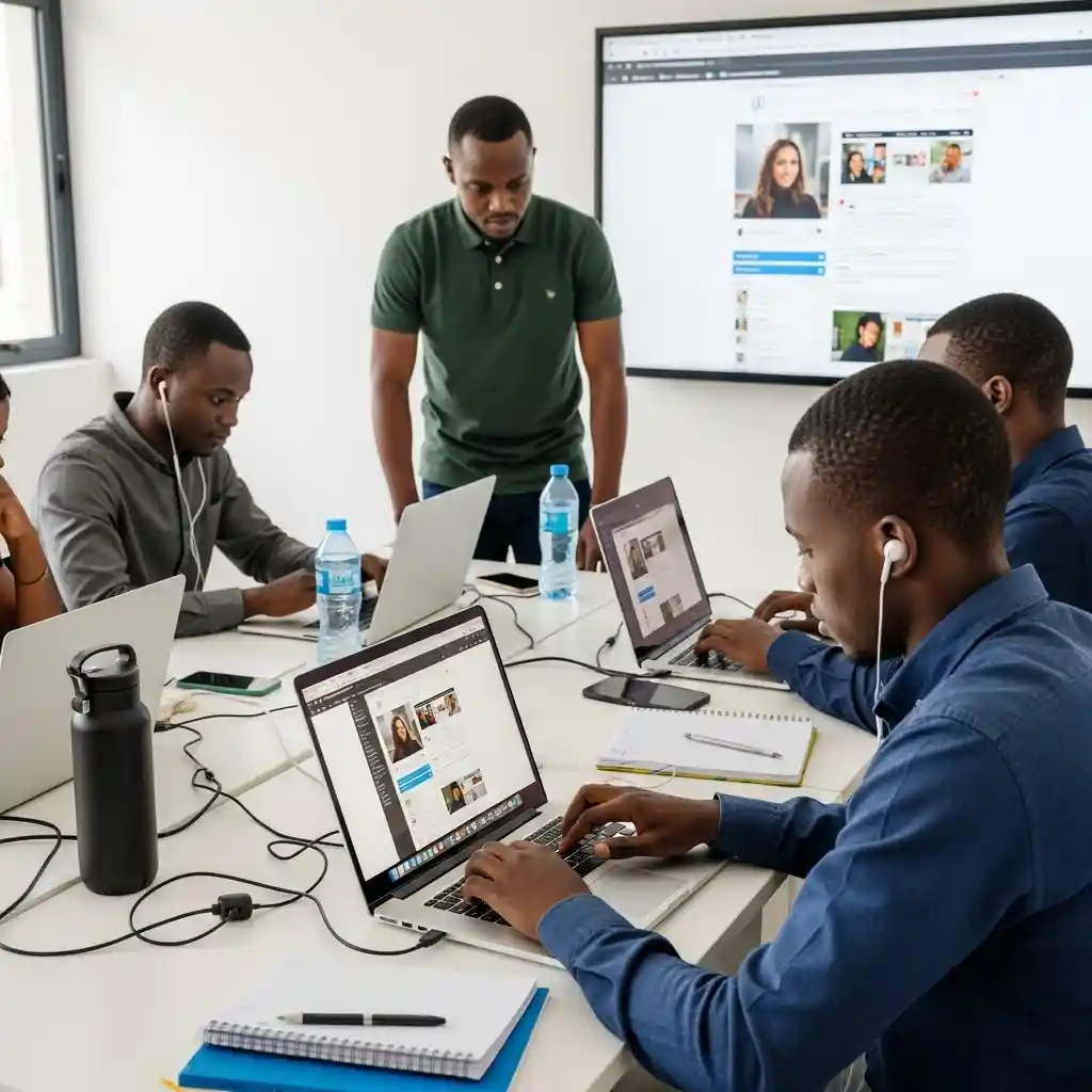 Students in a KaziBora WordPress class building live website projects with instructor guidance and personalized support.