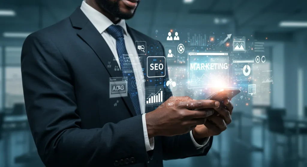 Businessman using a smartphone with digital marketing and SEO icons