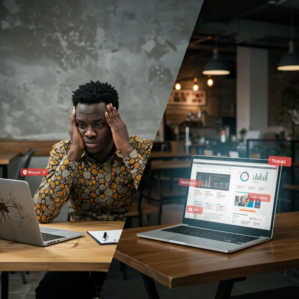 Comparison of a weak online presence versus a strong digital presence: a frustrated business owner beside a modern, thriving website